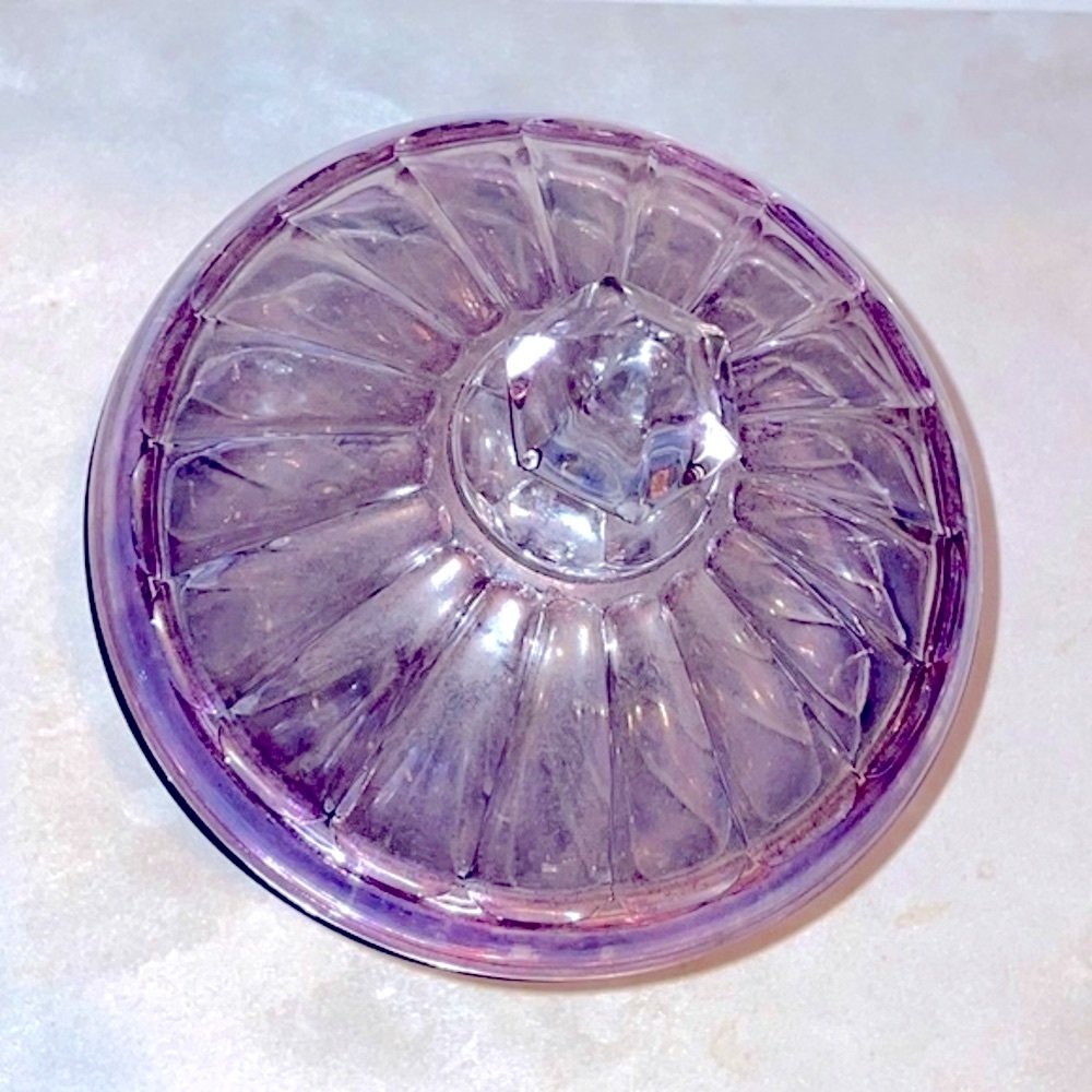 Antique Carnival Glass Covered Candy Jar Clear Amethyst Iridescent Signed Heisey - Picture 2 of 9